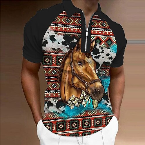 Men's Collar Polo Shirt Golf Shirt Animal Horse Geometry Turndown Black 3D Print Outdoor Street Short Sleeves Zipper Print Clothing Apparel Vintage Designer Ethnic Style Casual / Summer / Spring
Men's Collar Polo Shirt Golf Shirt Animal Horse Geometry Turndown Black 3D Print Outdoor Street Short Sleeves Zipper Print Clothing Apparel Vintage Designer Ethnic Style Casual / Summer / Spring