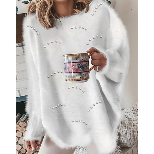 

Women's Pullover Sweater Jumper Crochet Fuzzy Knit Tunic Beads Solid Color Crew Neck Casual Daily Holiday Winter Fall White S M L