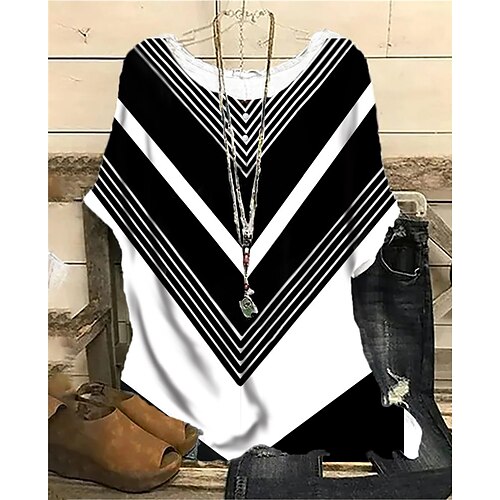 

Women's Plus Size Tops Blouse Shirt Geometry Print Half Sleeve Crewneck Streetwear Daily Going out Cotton Spandex Jersey Spring Summer Black