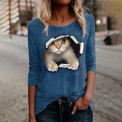 Women's T shirt Tee Blue Khaki Gray Cat 3D Print Long Sleeve Daily Weekend Basic Round Neck Regular 3D Cat Painting S
Women's T shirt Tee Blue Khaki Gray Cat 3D Print Long Sleeve Daily Weekend Basic Round Neck Regular 3D Cat Painting S