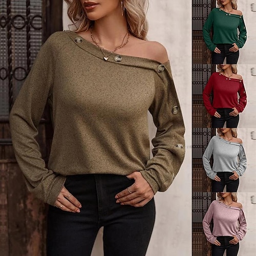 

Women's Autumn and Winter bButton One-shoulder Long-sleeved tTops T-shirts