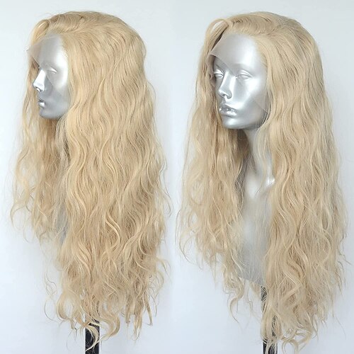 

Natural Curly Blonde Synthetic 13x3 Lace Front Wigs for Women Mix Blonde Body Wave Replacement Wigs for Halloween Cosplay Daily Wear Half Hand Tied Heat Resistant Fiber Hair with Natural Hairline