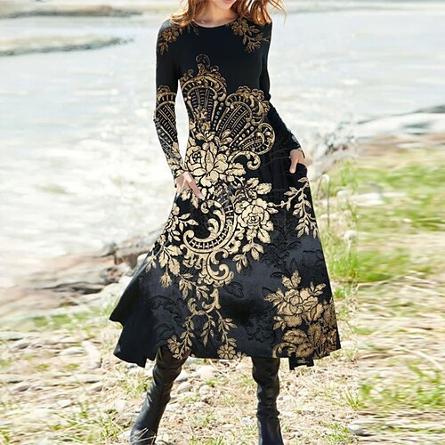 Women's Casual Dress Swing Dress Midi Dress Black Long Sleeve Floral Pocket Winter Fall Autumn Winter Dress Fall Dress 2022 S M L XL XXL 3XL
Women's Casual Dress Swing Dress Midi Dress Black Long Sleeve Floral Pocket Winter Fall Autumn Winter Dress Fall Dress 2022 S M L XL XXL 3XL