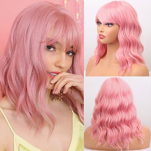 

14 Medium Wavy Bob Wig Natural Soft Synthetic Wig With Bangs Blonde/Pink/Black Hair Wigs For Women Heat Resistant Cosplay Wig