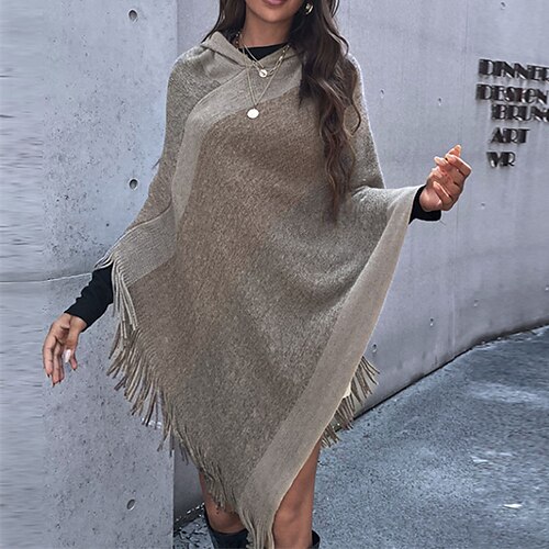 

Women's Poncho Sweater Jumper Ribbed Knit Tunic Tassel Knitted Pure Color Hooded Stylish Casual Outdoor Daily Winter Fall Brown S M L / Sleeveless / Sleeveless / Regular Fit / Going out