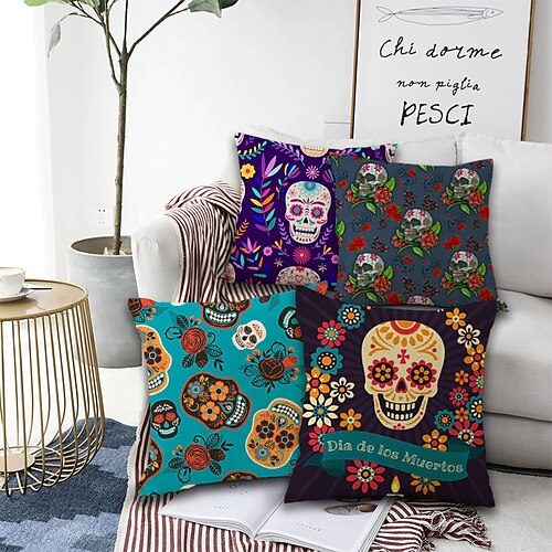 

El Día de los Muertos Double Side Cushion Cover 4PC Soft Decorative Square Cushion Case Pillowcase for Bedroom Livingroom Sofa Couch Chair Superior Quality Machine Washable Day of Dead