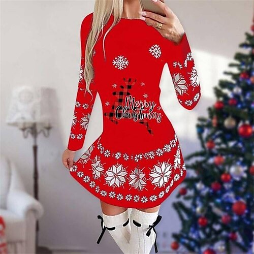 

Women's Christmas Casual Dress Shift Dress Short Mini Dress Black Blue Red Long Sleeve Animal Snowflake Print Fall Winter Crew Neck Fashion Casual Loose Fit 2022 S M L XL XXL 3XL