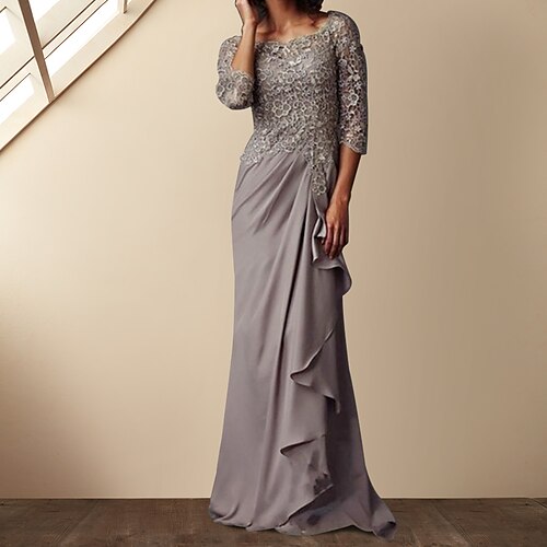 Sheath / Column Mother of the Bride Dress Elegant Bateau Neck Floor Length Chiffon Lace 3/4 Length Sleeve with Lace 2022
Sheath / Column Mother of the Bride Dress Elegant Bateau Neck Floor Length Chiffon Lace 3/4 Length Sleeve with Lace 2022