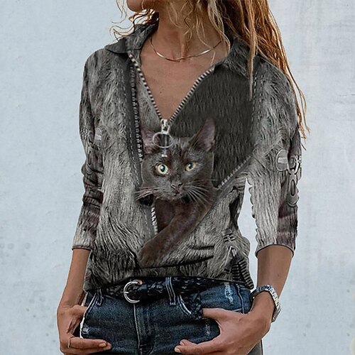 Women's Blouse Shirt Blue Khaki Gray Cat 3D Quarter Zip Print Long Sleeve Streetwear Casual Shirt Collar Regular 3D Cat S
Women's Blouse Shirt Blue Khaki Gray Cat 3D Quarter Zip Print Long Sleeve Streetwear Casual Shirt Collar Regular 3D Cat S