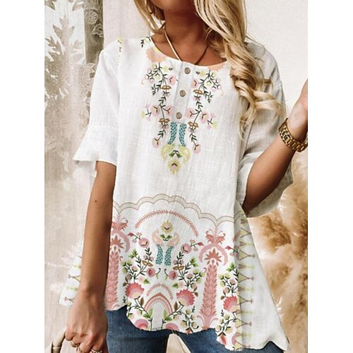 Women's Blouse Shirt Pink White Floral Button Print Short Sleeve Daily Weekend Streetwear Casual Round Neck Long Floral S / 3D Print
Women's Blouse Shirt Pink White Floral Button Print Short Sleeve Daily Weekend Streetwear Casual Round Neck Long Floral S / 3D Print
