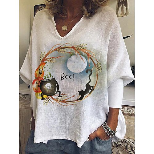 Women's T shirt Tee White Cat Pumpkin Print Long Sleeve Halloween Weekend Basic V Neck Regular Loose Fit Painting S / 3D Print
Women's T shirt Tee White Cat Pumpkin Print Long Sleeve Halloween Weekend Basic V Neck Regular Loose Fit Painting S / 3D Print