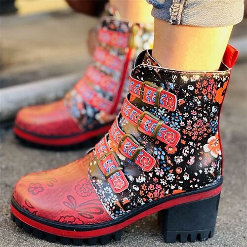 Women's Boots Daily Combat Boots Plus Size Booties Ankle Boots Buckle Flower Chunky Heel Round Toe Vintage PU Leather Zipper Color Block Wine
Women's Boots Daily Combat Boots Plus Size Booties Ankle Boots Buckle Flower Chunky Heel Round Toe Vintage PU Leather Zipper Color Block Wine