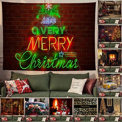 

Christmas Party Wall Tapestry Holiday Photography Background Santa Claus Fireplace Tree Gift Art Decor Blanket Curtain Hanging Home Bedroom Living Room Decoration Polyester