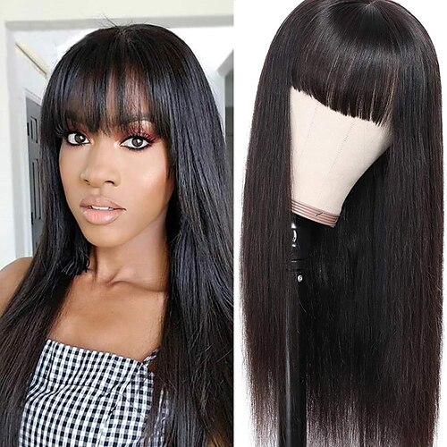 

Silky Brazilian Virgin Straight Human Hair Wigs with Bangs 180% Density None Lace Front Wigs Glueless Machine Made Wigs for Black Women Natural Color (16inch)