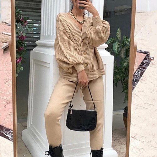 

Women's Sweater Set Jumper Cable Knit Button Knitted Pure Color V Neck Stylish Casual Outdoor Daily Winter Fall Green Khaki S M L / Long Sleeve / Holiday / Regular Fit / Going out