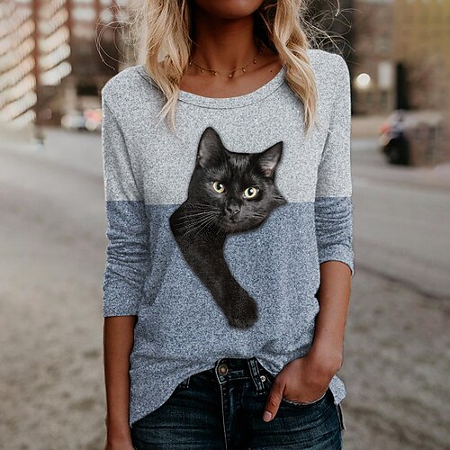 Women's T shirt Tee Green Blue Wine Color Block Cat Print Long Sleeve Daily Weekend Basic Round Neck Regular 3D Cat Painting S / 3D Print
Women's T shirt Tee Green Blue Wine Color Block Cat Print Long Sleeve Daily Weekend Basic Round Neck Regular 3D Cat Painting S / 3D Print
