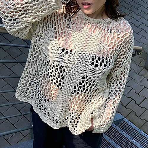 

Women's Pullover Sweater jumper Jumper Crochet Knit Knitted Hole Pure Color Crew Neck Stylish Casual Outdoor Daily Winter Fall Fuchsia Beige S M L / Long Sleeve / Holiday / Regular Fit / Going out