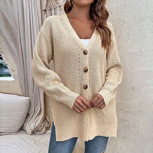 

Women's Cardigan Sweater Jumper Ribbed Knit Tunic Split Knitted Pure Color V Neck Stylish Casual Outdoor Daily Winter Fall Pink Wine S M L / Long Sleeve / Holiday / Regular Fit / Going out