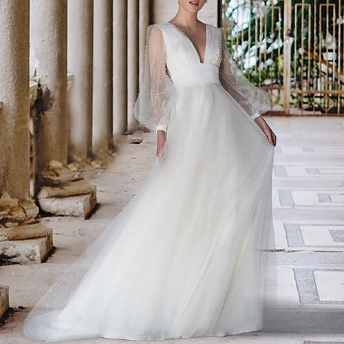 A-Line Wedding Dresses V Neck Court Train Lace Tulle Long Sleeve Romantic Sexy Backless Illusion Sleeve with Pearls 2022
A-Line Wedding Dresses V Neck Court Train Lace Tulle Long Sleeve Romantic Sexy Backless Illusion Sleeve with Pearls 2022