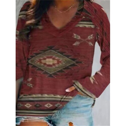 

Women's Plus Size Tops T shirt Tee Geometry Print Long Sleeve V Neck Vintage Casual Daily Going out Cotton Spandex Jersey Fall Winter Red LightBlue