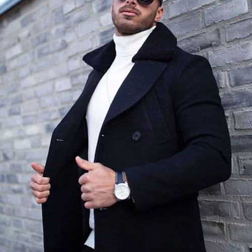 

Men's Winter Coat Peacoat Daily Wear Going out Winter Polyester Thermal Warm Washable Outerwear Clothing Apparel Fashion Warm Ups Solid Colored Button-Down Turndown Double Breasted