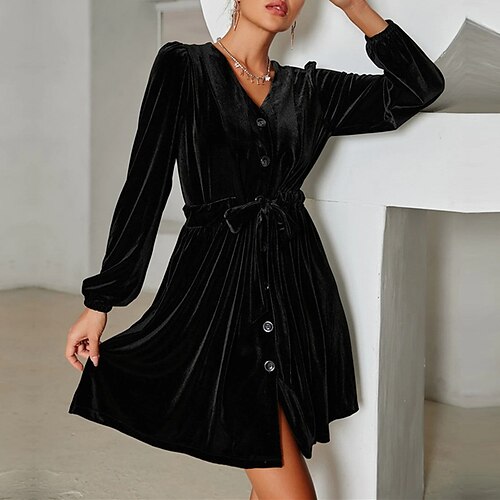 Women's Velvet Dress Swing Dress Black Long Sleeve Pure Color Lace up Winter Fall Autumn V Neck Winter Dress Weekend Fall Dress 2022 XS S M L
Women's Velvet Dress Swing Dress Black Long Sleeve Pure Color Lace up Winter Fall Autumn V Neck Winter Dress Weekend Fall Dress 2022 XS S M L