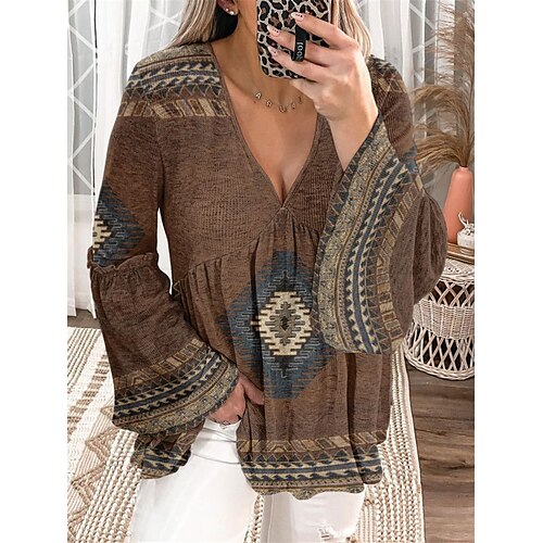 

Women's Plus Size Tops T shirt Tee Geometry Print Long Sleeve V Neck Vintage Casual Daily Going out Cotton Spandex Jersey Fall Winter Brown