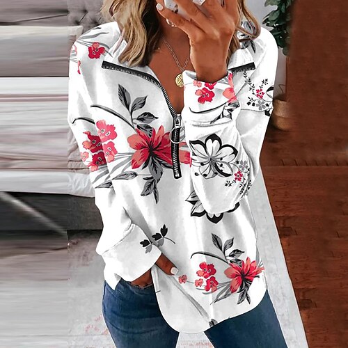 Women's Shirt Red White Black Floral Quarter Zip Print Long Sleeve Holiday Weekend Streetwear Casual Standing Collar Regular Floral S / 3D Print
Women's Shirt Red White Black Floral Quarter Zip Print Long Sleeve Holiday Weekend Streetwear Casual Standing Collar Regular Floral S / 3D Print