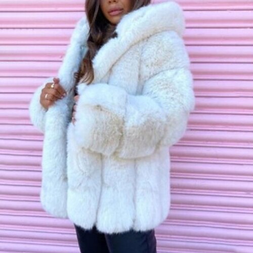 

Women's Faux Fur Coat Windproof Warm Outdoor Street Shopping Going out Oversized Fur Collar Cardigan Hoodie Fashion Elegant Street Style Plush Solid Color Regular Fit Outerwear Long Sleeve Winter Fall