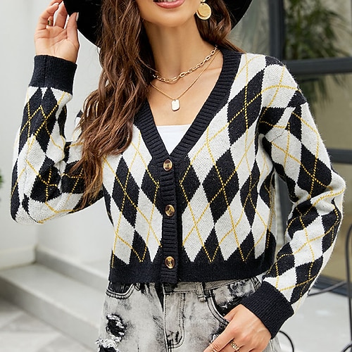 

Women's Cardigan Sweater Jumper Ribbed Knit Cropped Button Knitted Argyle V Neck Stylish Casual Outdoor Daily Winter Fall Black S M L / Long Sleeve / Regular Fit / Going out