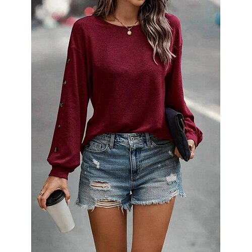 Women's T shirt Tee Button Plain Basic Round Neck Standard Spring Blue Wine Black
Women's T shirt Tee Button Plain Basic Round Neck Standard Spring Blue Wine Black