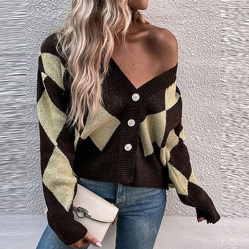 

Women's Cardigan Sweater Jumper Ribbed Knit Button Knitted Argyle V Neck Stylish Casual Outdoor Daily Winter Fall Red Coffee S M L / Long Sleeve / Regular Fit / Going out