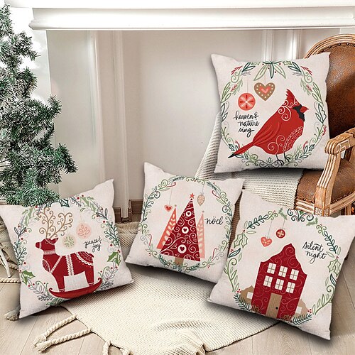 

Christmas Party Double Side Throw Pillow Cover 4PC Elk Snowhouse Snowman Soft Decorative Square Cushion Pillowcase for Bedroom Livingroom Sofa Couch Chair Machine Washable