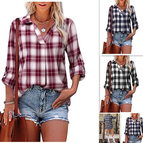 Women's Blouse Button Grid Pattern Basic V Neck Standard Spring, Fall, Winter, Summer Wine Dark Blue Black
Women's Blouse Button Grid Pattern Basic V Neck Standard Spring, Fall, Winter, Summer Wine Dark Blue Black