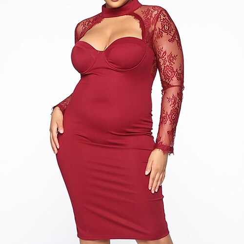 Women's Plus Size Party Dress Solid Color Halter Neck Long Sleeve Fall Winter Stylish Sexy Knee Length Dress Holiday Going out Dress / Lace Dress
Women's Plus Size Party Dress Solid Color Halter Neck Long Sleeve Fall Winter Stylish Sexy Knee Length Dress Holiday Going out Dress / Lace Dress