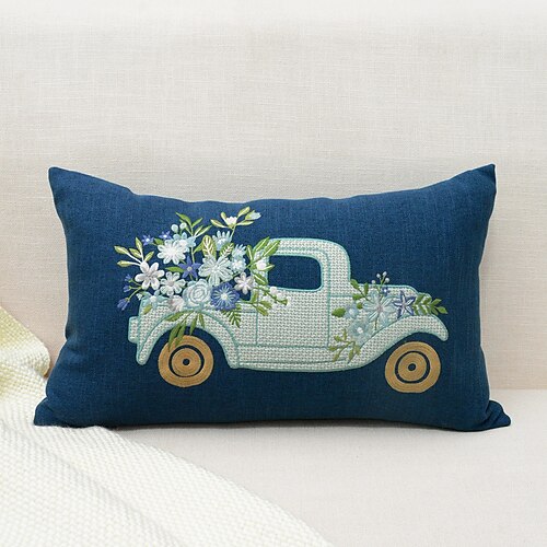 

Embroidered Throw Pillow Cover Decorative Truck & Floral Rectangular Quality Cushion Cover for Sofa Bedroom Livingroom Chair