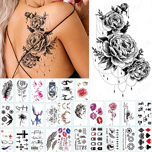 

31PCS Temporary Tattoo Waterproof Water Adhesive Breast Lace Henna Mandala Flash Tattoos Wolf Diamond Flower Body Art Fake Arm Tattoo
