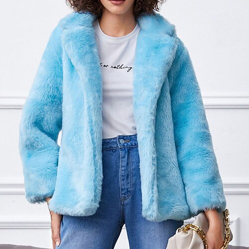 

Women's Faux Fur Coat Windproof Warm Outdoor Street Shopping Going out Pocket Cardigan Lapel Elegant Comfortable Street Style Plush Solid Color Regular Fit Outerwear Long Sleeve Winter Fall Blue S M