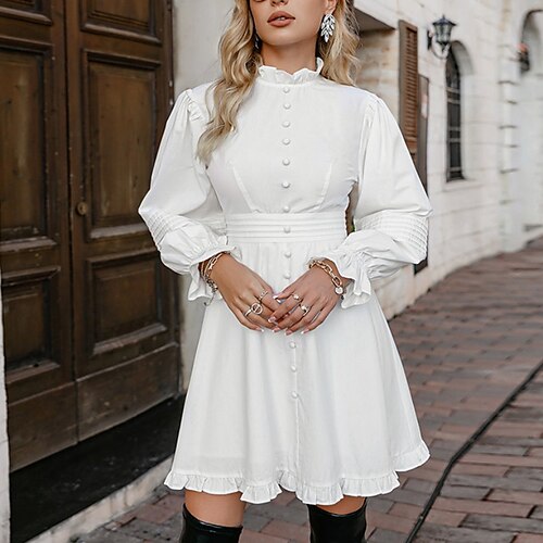 Women's White Dress Tea Dress Short Mini Dress White Long Sleeve Pure Color Ruffle Button Fall Winter High Neck Fashion Formal 2022 S M L / Cotton
Women's White Dress Tea Dress Short Mini Dress White Long Sleeve Pure Color Ruffle Button Fall Winter High Neck Fashion Formal 2022 S M L / Cotton
