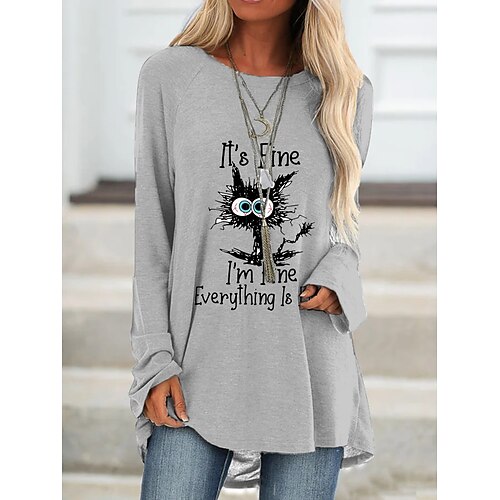 Women's T shirt Tee Blue Khaki Red Cat Text Print Long Sleeve Daily Weekend Basic Round Neck Long Cat Painting S
Women's T shirt Tee Blue Khaki Red Cat Text Print Long Sleeve Daily Weekend Basic Round Neck Long Cat Painting S