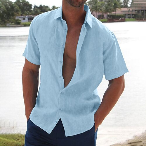 

Men's Linen Shirt Summer Shirt Beach Shirt Black White Pink Short Sleeve Solid Color Turndown Summer Hawaiian Holiday Clothing Apparel Button-Down