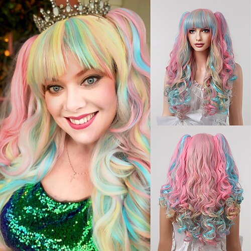

Cosplay Costume Wig Synthetic Wig Wavy Deep Wave With 2 Ponytails Neat Bang With Ponytail Wig 24 inch Rainbow Synthetic Hair 24 inch Women's Anime Fashionable Design Cute Multi-color / Party / Daily