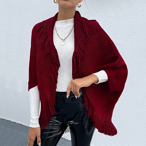 

Women's Poncho Sweater Jumper Ribbed Knit Tassel Knitted Pure Color Open Front Stylish Casual Outdoor Daily Winter Fall Wine Khaki S M L / Long Sleeve / Regular Fit / Going out