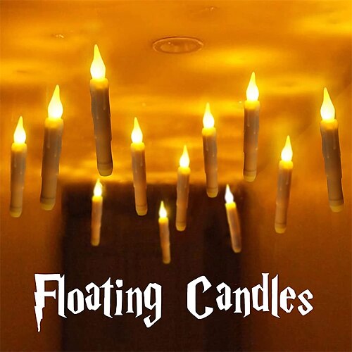 

12Pcs Christmas Floating Candles with Remote Control LED Flameless Candles Hanging Flameless Candlesticks LED Taper Candles with Hooks Flickering Battery Operated for Halloween Church Home Christmas