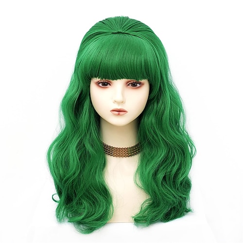 

Long Wavy Green Wig with Bang Big Bouffant Beehive Wigs for Women fits 80s Costume or Christmas Party Wigs
