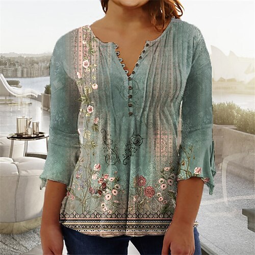 Women's Plus Size Tops Blouse Shirt Floral Button Print 3/4 Length Sleeve V Neck Casual Daily Vacation Cotton Spandex Jersey Fall Winter Green Blue
Women's Plus Size Tops Blouse Shirt Floral Button Print 3/4 Length Sleeve V Neck Casual Daily Vacation Cotton Spandex Jersey Fall Winter Green Blue