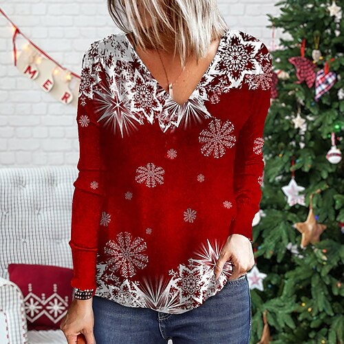 Women's T shirt Tee Red Snowflake Print Long Sleeve Christmas Weekend Basic V Neck Regular Painting S
Women's T shirt Tee Red Snowflake Print Long Sleeve Christmas Weekend Basic V Neck Regular Painting S