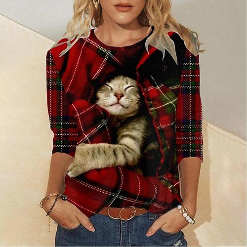 Women's T shirt Tee Red Plaid Cat Print Long Sleeve Christmas Weekend Basic Christmas Round Neck Regular 3D Cat Painting S
Women's T shirt Tee Red Plaid Cat Print Long Sleeve Christmas Weekend Basic Christmas Round Neck Regular 3D Cat Painting S