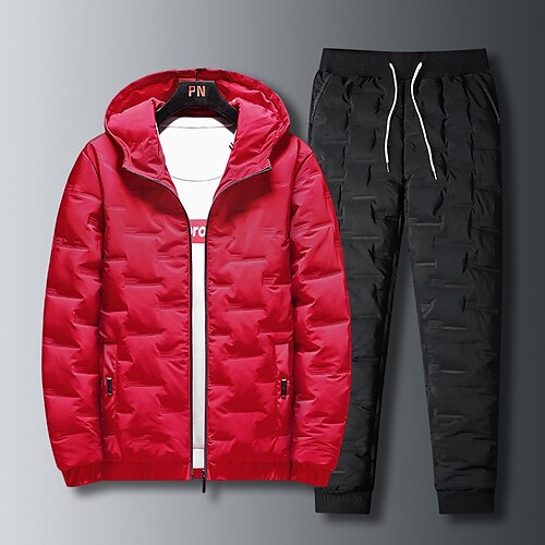 

Men's Puffer Jacket Quilted Jacket Parka Set Warm Outdoor Vacation Going out Casual Daily Solid / Plain Color Outerwear Clothing Apparel Black Khaki Red