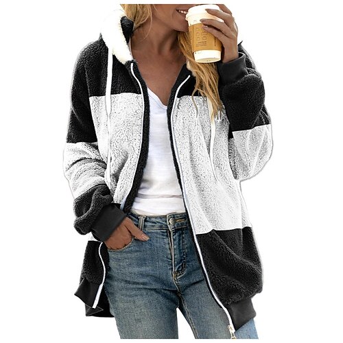 

Women's Sherpa jacket Fleece Jacket Teddy Coat Warm Breathable Outdoor Daily Wear Vacation Going out Pocket Zipper Hoodie Active Fashion Street Style Plush Stripes Regular Fit Outerwear Long Sleeve